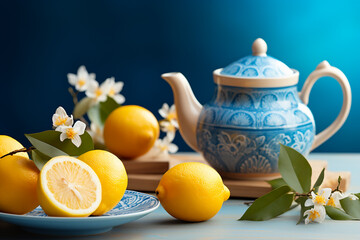 Tee mit heißer Zitrone, Teekanne und Dekoration