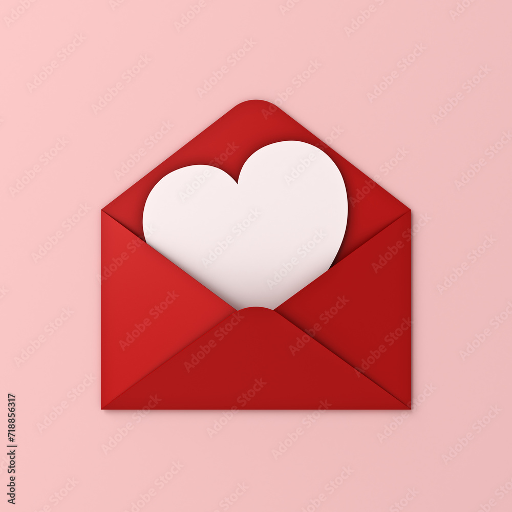 Aufkleber love letter concepts blank white heart shape paper card in red envelope isolated on light pink paste