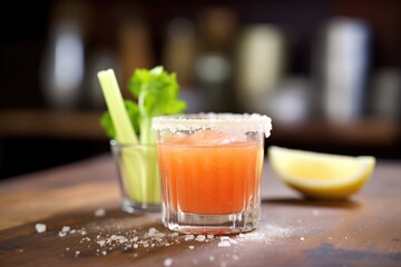 Fototapeta premium closeup of glass rim with salt, tomato juice, celery stick inside