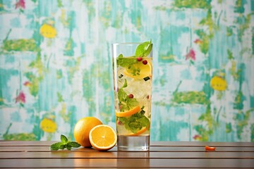 virgin mojito with a backdrop of assorted citrus fruits - obrazy, fototapety, plakaty