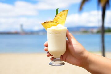 hand holding virgin pina colada with a beach backdrop under sunny skies - obrazy, fototapety, plakaty