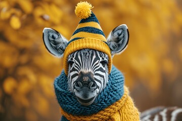 Obraz premium Zebra in Yellow Beanie Generative AI