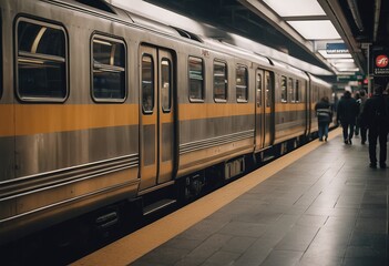 Fototapeta premium Blurred people on subway platform leaving the train