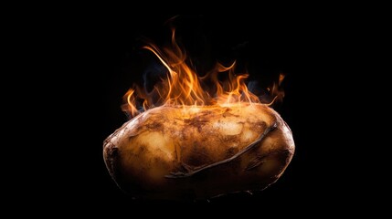 Obraz premium The potato is on fire. A flame of fire in the shape of potato .Red glowing potato on black. A potato with fire