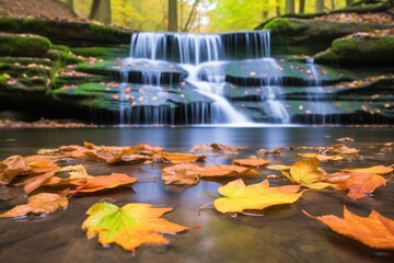 long exposure of silky waterfall with autumn leaves