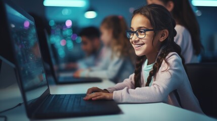 portrait kid girl learn to code with soft blurred friend in a computer lab, coding classroom, Generative AI