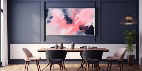 Pink and navy blue abstract painting in a stylish dining and living room with gray wall molding.