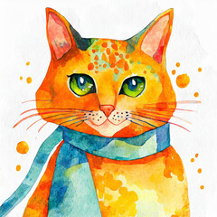 Watercolor cat illustration on white background