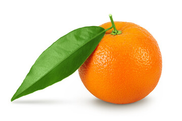Orange fruit with leaf isolated on white background with full depth of field