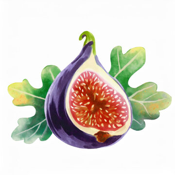 watercolor fig fruit with green leaves clip art preview