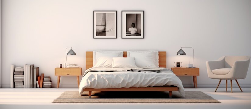 Interior photograph of bedroom in warehouse conversion apartment, industrial minimalist style with rough brick walls.