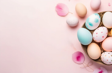 Fototapeta na wymiar banner. Easter eggs, soft pink background. Minimal concept. View from above. Card with copy space for text