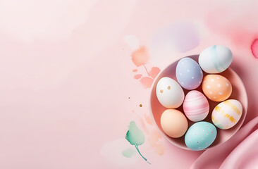 Naklejka na ściany i meble banner. Easter eggs, soft pink background. Minimal concept. View from above. Card with copy space for text