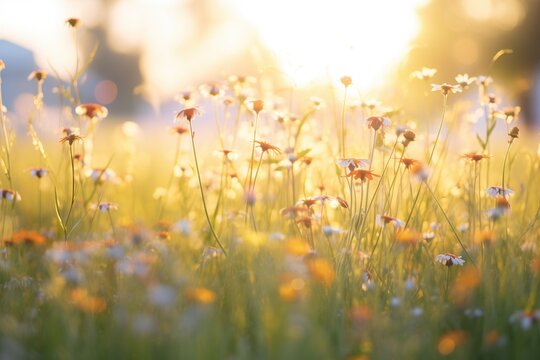 golden hour light casting shadows in a wildflower field