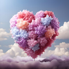 Fototapeta premium Heart made of paper flowers on blue sky background. 3d rendering