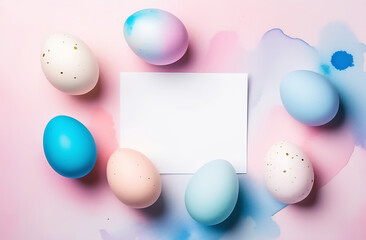 banner. Easter eggs, soft pink and blue background, gradient, watercolor. Minimal concept. View from above. Card with copy space for text