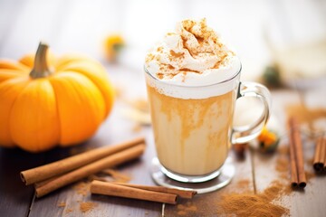 macro of the frothy top of a pumpkin spice latte with spices