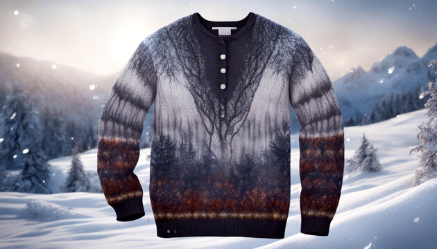 Ein kuscheliger Pullover vor winterlicher Landschaft, er sorgt f&uuml;r eine warme und einladende Atmosph&auml;re.