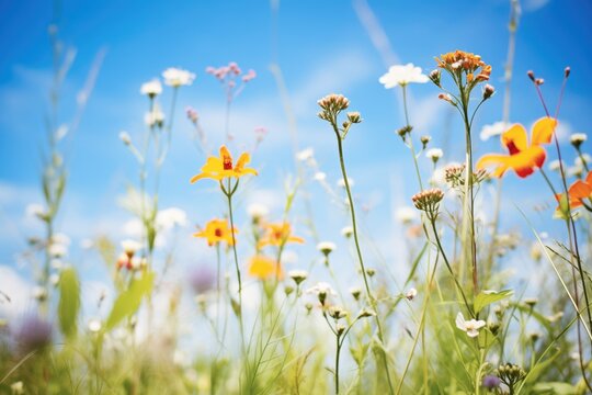 diverse wildflowers with a clear blue sky above © primopiano