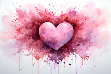 Watercolor heart with splashes and blots on white background.