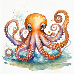Watercolor octopus illustration on white background