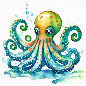 Watercolor octopus illustration on white background