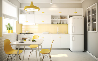 Interior of modern kitchen in light pastel colors. Generative AI	