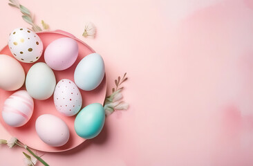 Fototapeta na wymiar banner. Easter eggs, soft pink background. Minimal concept. View from above. Card with copy space for text