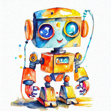 Watercolor robot illustration on white background