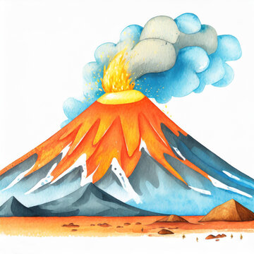 Watercolor volcano illustration on white background