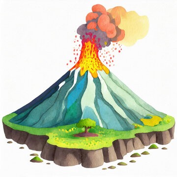 Watercolor volcano illustration on white background