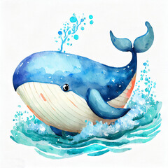 Watercolor whale illustration on white background