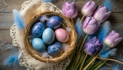 Fototapeta na wymiar Spring background with blue and pink Easter eggs in a basket and pink Easter eggs