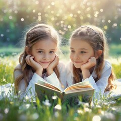 Dziewczynki leżące na trawie i czytająca książkę. W tle wiosenny krajobraz