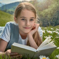 Dziewczynka leżąca na trawie i czytająca książkę. W tle wiosenny krajobraz - obrazy, fototapety, plakaty