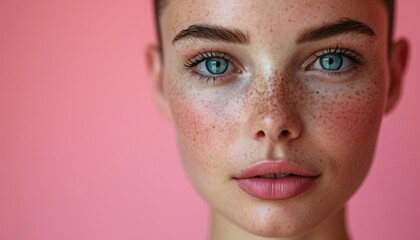 Freshly Cut: A Gorgeous Woman with Freckles and a Pink Background Generative AI