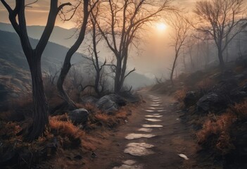 Scorched earth with dirt walking track, path through burnt landscape after bushfire, forest fire