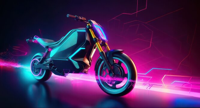 Bright Purple And Azure Futuristic Motorcycle With Neon Lights Against Dark Background..