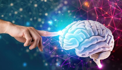 Hand touching brain and network connection on glitter bright lights colorful background