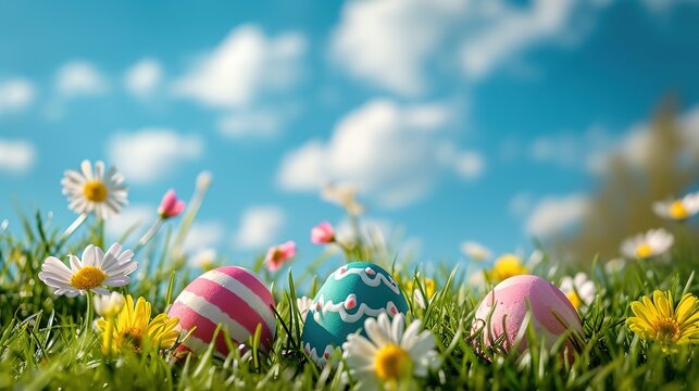 easter eggs in a birds nest celebrating a Happy Easter on a spring day with a green grass meadow, bright green background with copy space and a wooden bench to display products