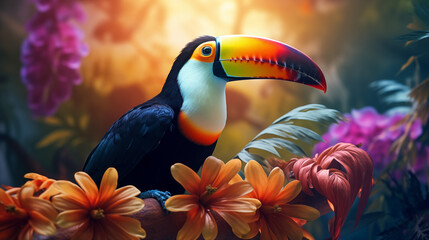 Hello summer. Super cute toucan in blossoming forest. AI generated image