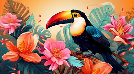 Naklejka premium Hello summer. Super cute toucan in blossoming forest. AI generated image