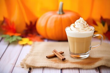 Obraz na płótnie Canvas pumpkin spice latte with a dollop of whipped cream, on a burlap mat