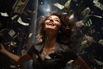 Poster Wealthy shower: joyous cascade of money onto a blissful individual, embodying the triumphant concept of winning and amassing substantial wealth, a financial downpour symbolizing success and abundance. © Ruslan Batiuk
