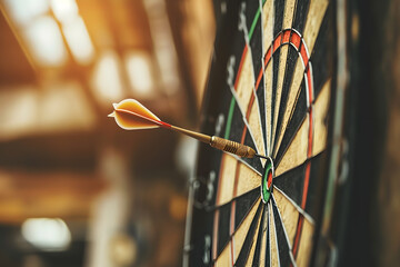 Missed the target! Concept of failure or wrong choice. Photo of dartboard with the dart not in the center. - obrazy, fototapety, plakaty