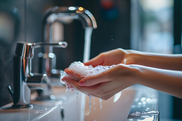 Close-up photo of person's hands disinfecting them with soap. Health preservation concept
