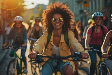 a diverse group of people enjoying a group bike ride in the city, showcasing inclusivity and empowerment