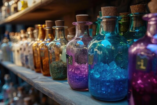 A close-up of a potion bottle with labels indicating magical ingredients 