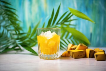 glass of mango iced tea, mango cubes, ice, tropical leaves background