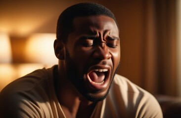 upset black man screaming and crying indoors at home. shock and emotional breakdown, depression.